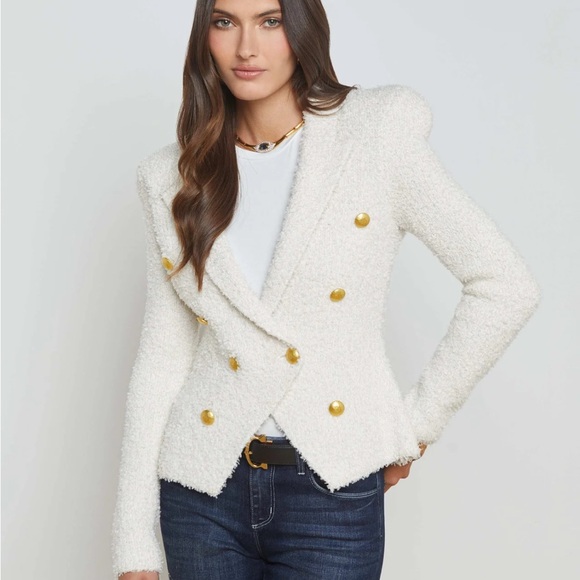 L'AGENCE Bethany Knit White Blazer with Gold Buttons - Picture 1 of 5